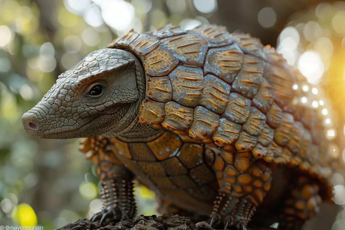 An armadillo standing on a tree stump.
