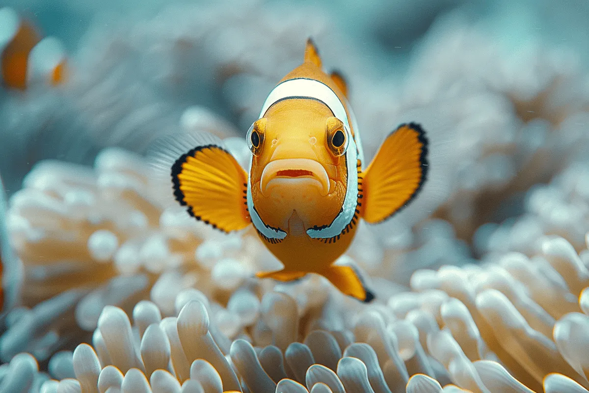 A clown fish swimming in anemones.