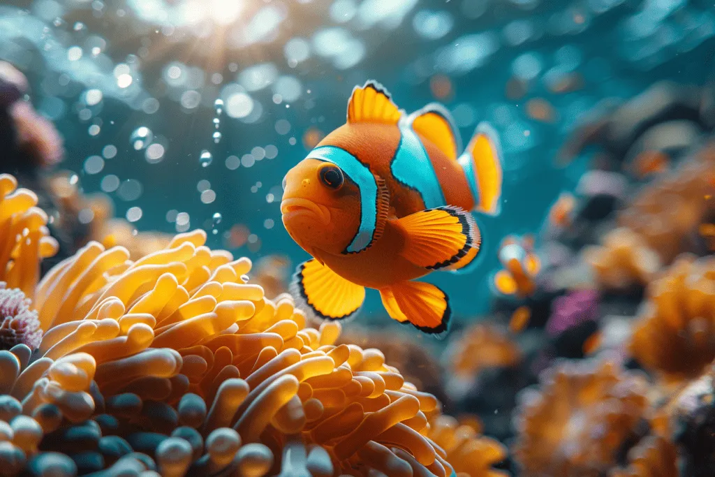 A clown fish swims among anemones and corals.