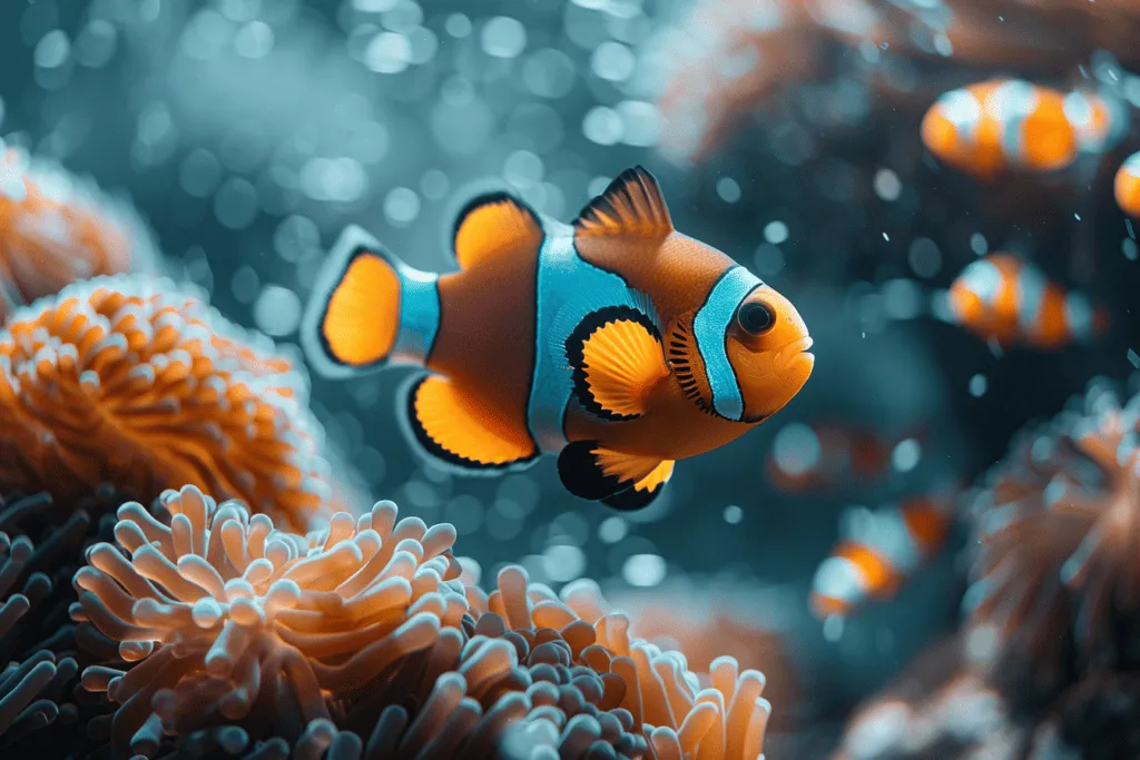 A clown fish swims around anemones.