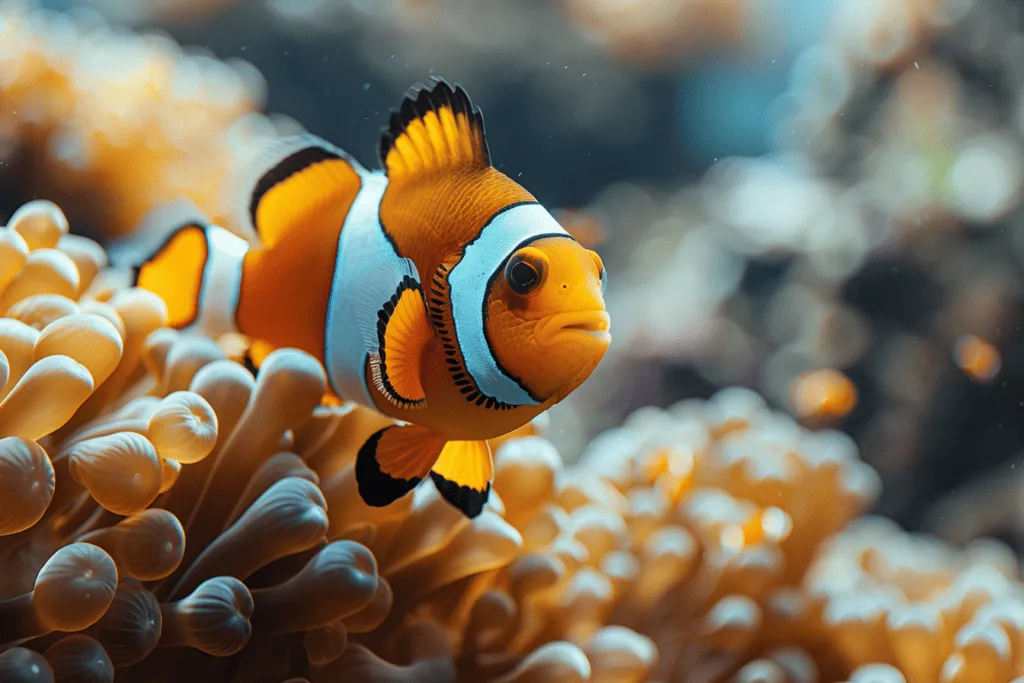 A clown fish swimming in an anemone.
