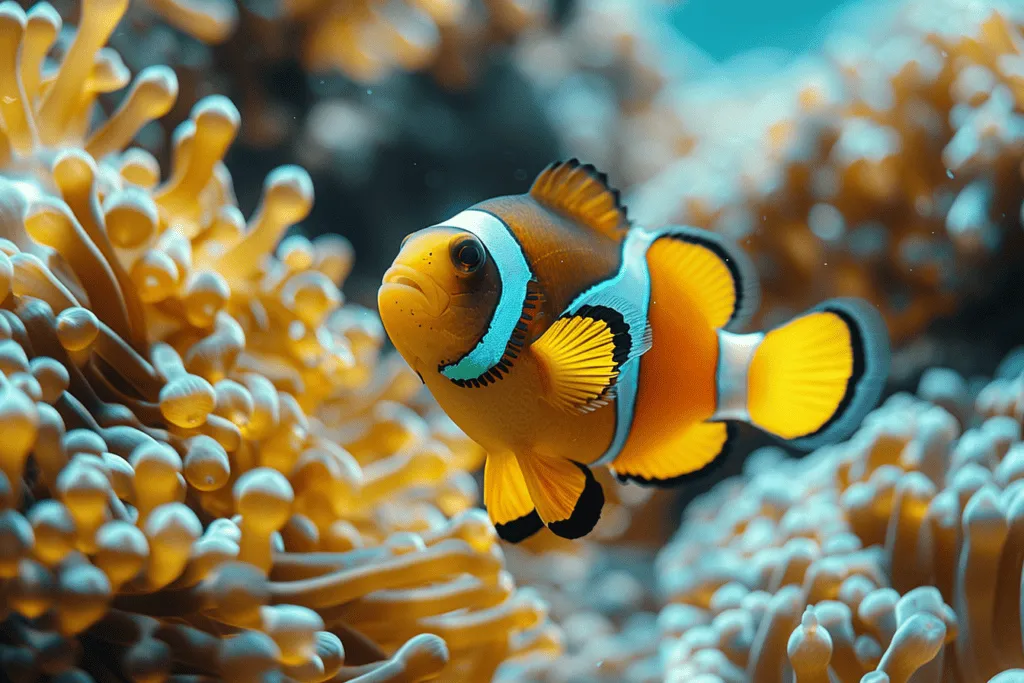 A clown fish swimming among anemones.