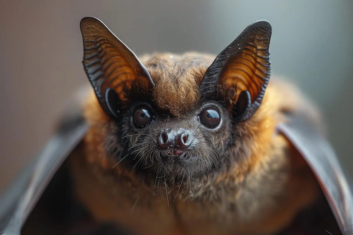 A close up of a bat with large brown eyes.