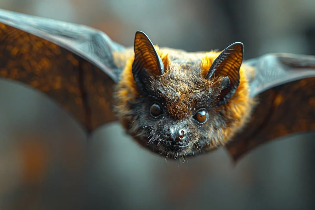 A close up of a bat flying in the air.