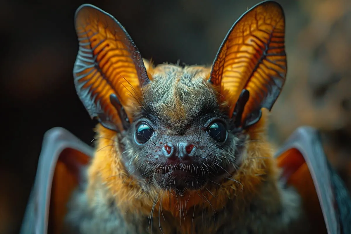A close up of a bat with large ears.