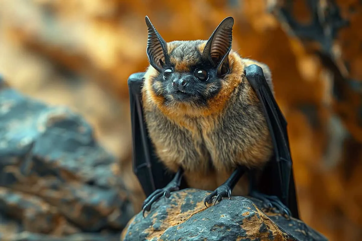 A bat is sitting on top of a rock.