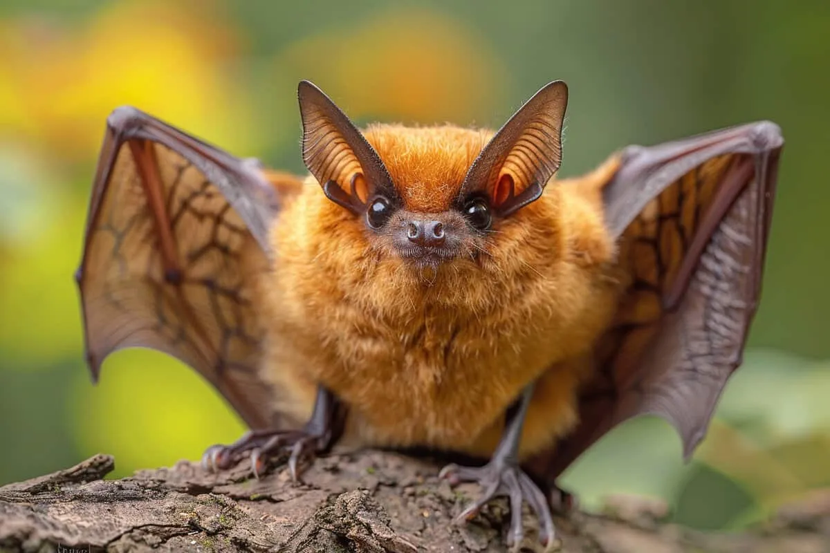 A brown bat is sitting on a tree branch.
