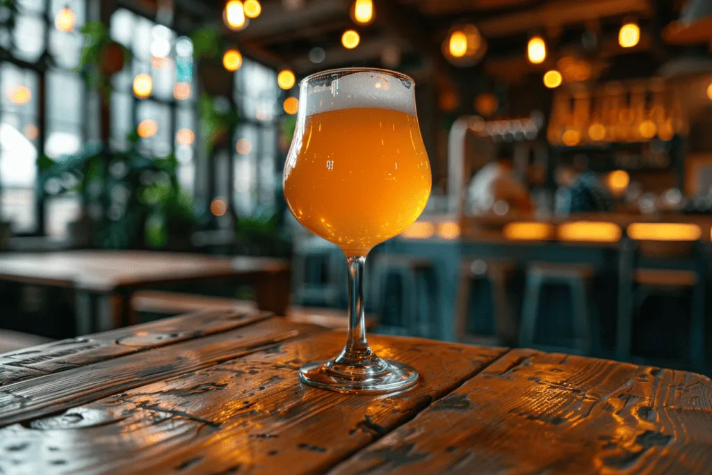 A glass of beer sitting on a wooden table.