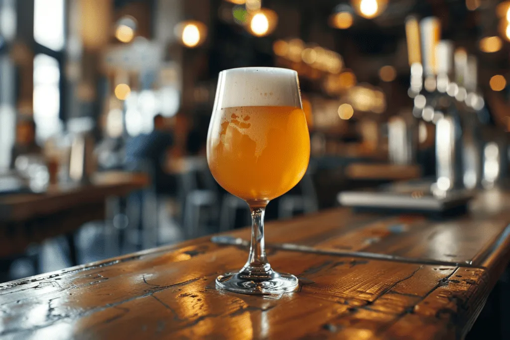 A glass of beer sitting on a wooden table.