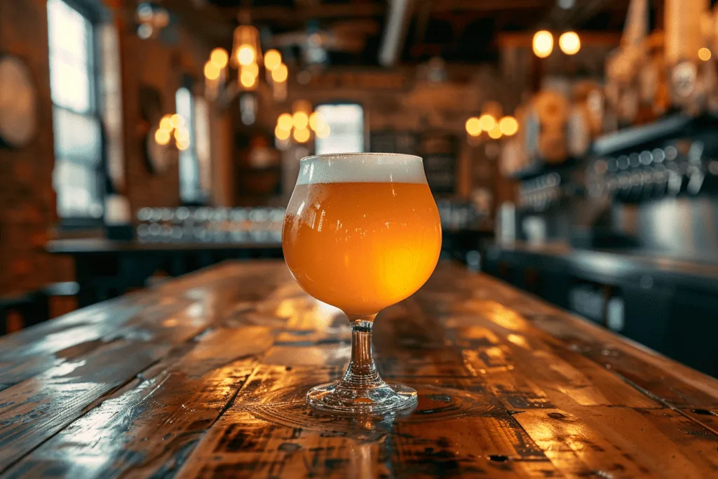 A glass of beer sitting on a wooden table.