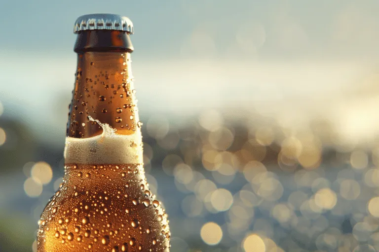 A beer bottle with water droplets on it.