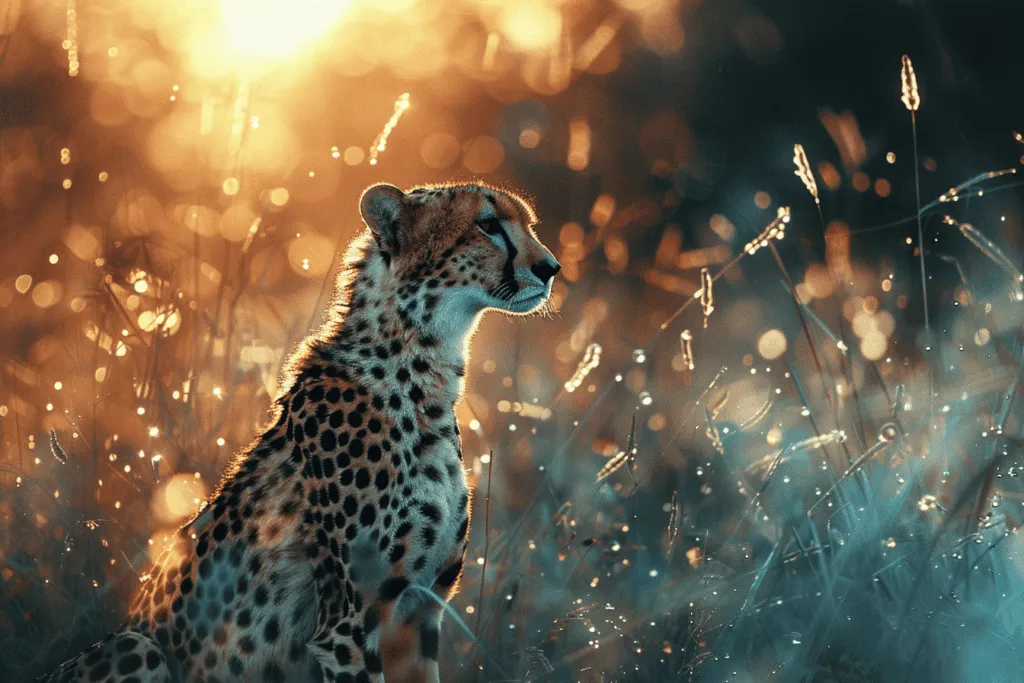 A cheetah standing in tall grass at sunset.