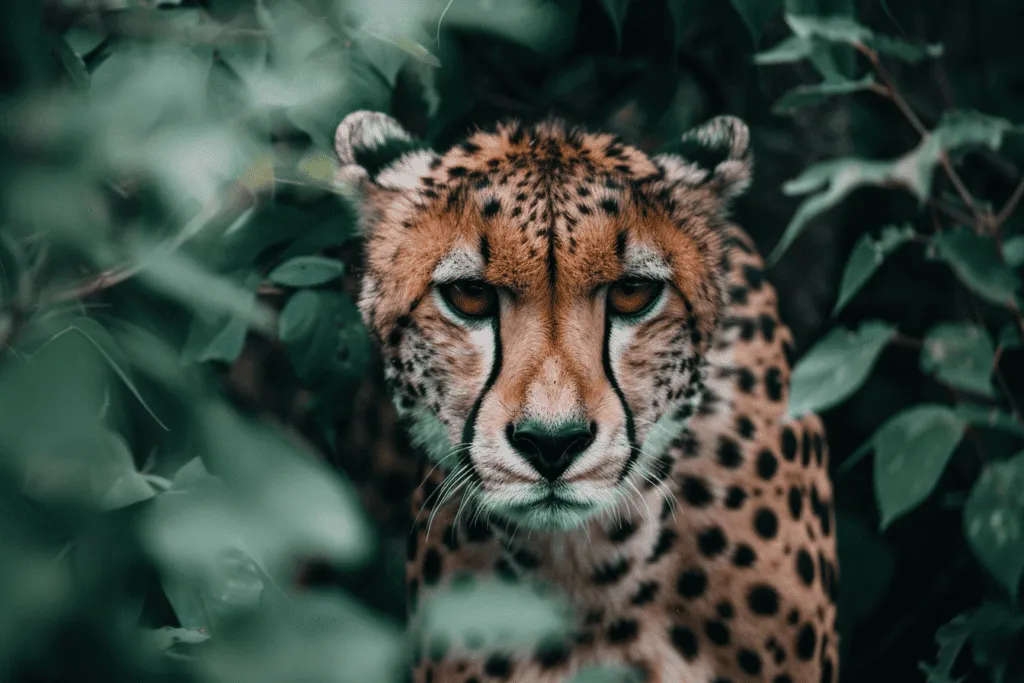 A cheetah in the woods looking at the camera.