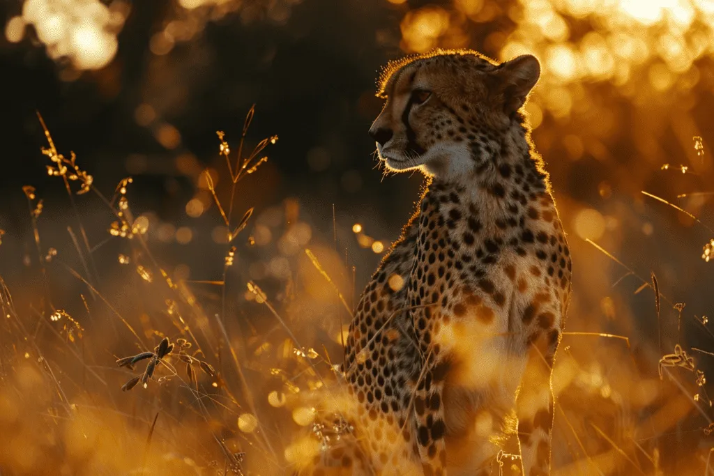 A cheetah standing in tall grass at sunset.