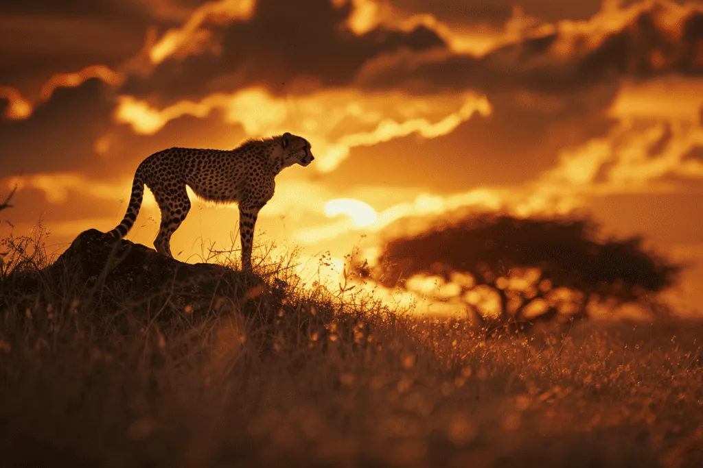 A cheetah standing on top of a hill at sunset.