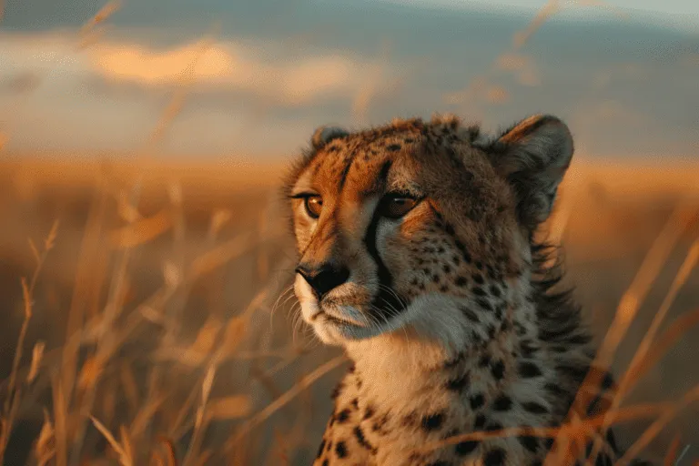 A cheetah is sitting in tall grass at sunset.