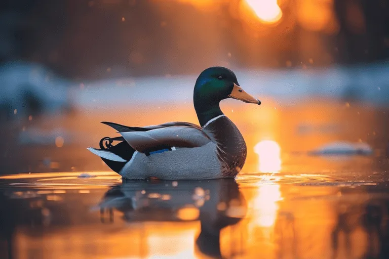 A duck swimming in the water at sunset.