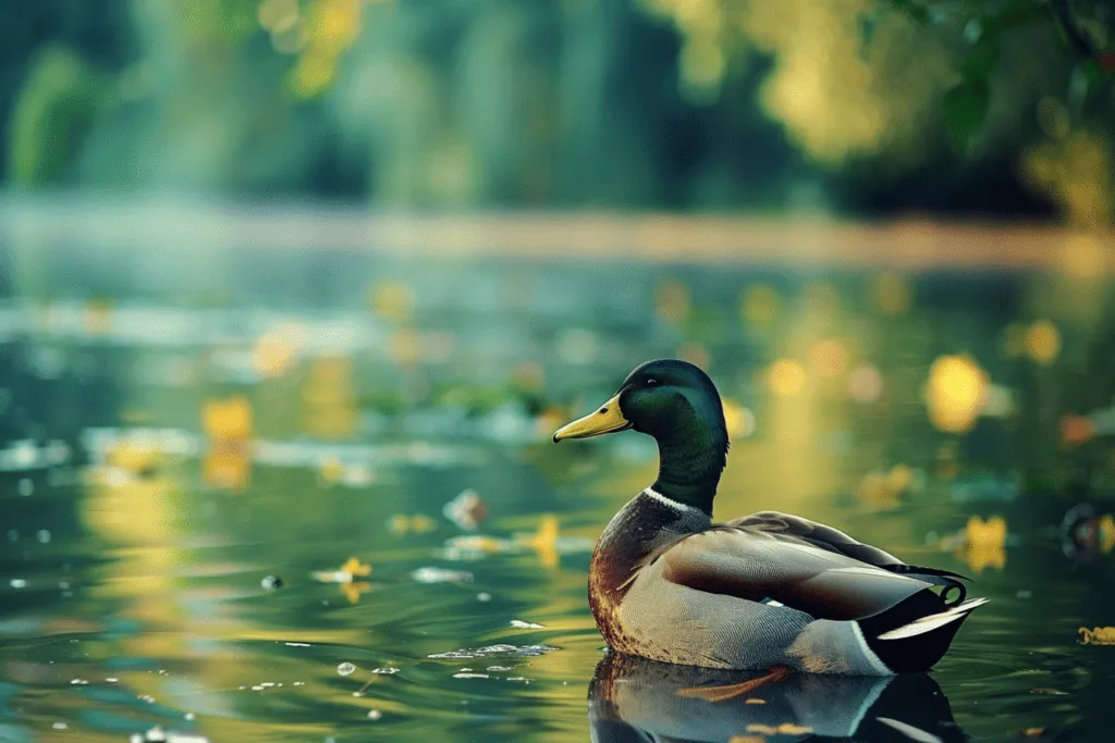 A duck swimming in a pond with leaves in the background.