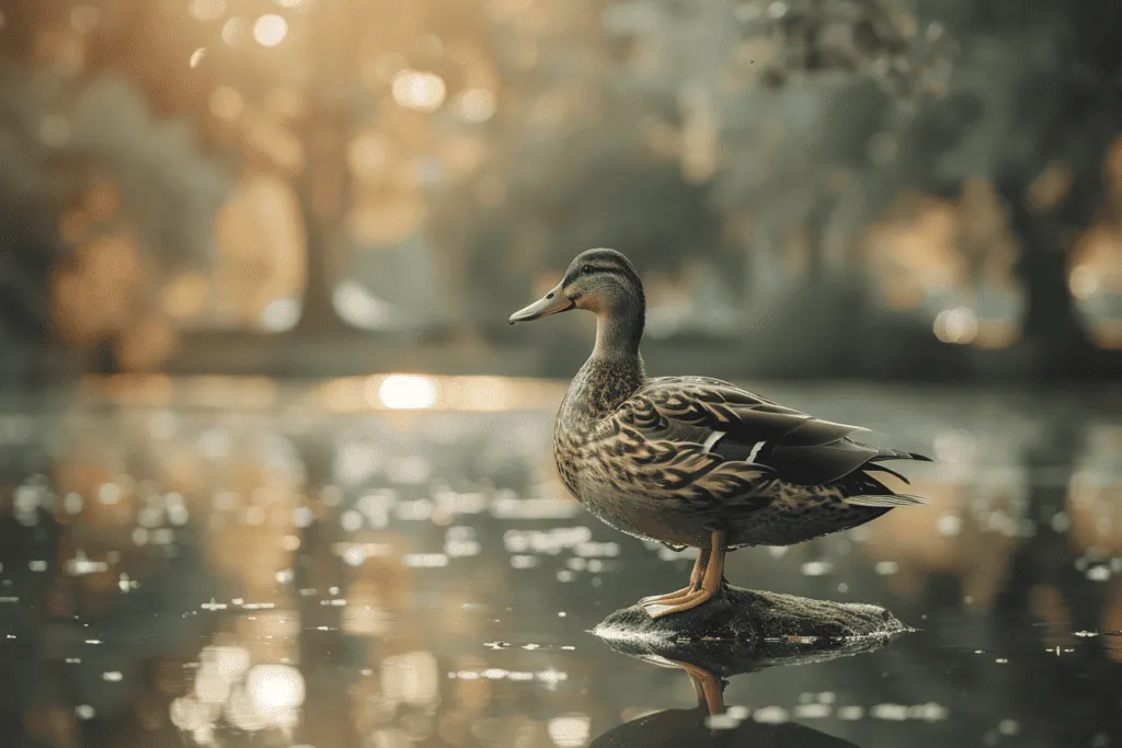 A duck standing on a rock in a pond.