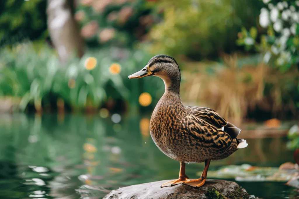 A duck is standing on a rock in a pond.