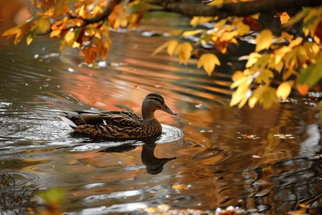 A duck swimming in a pond with autumn leaves.