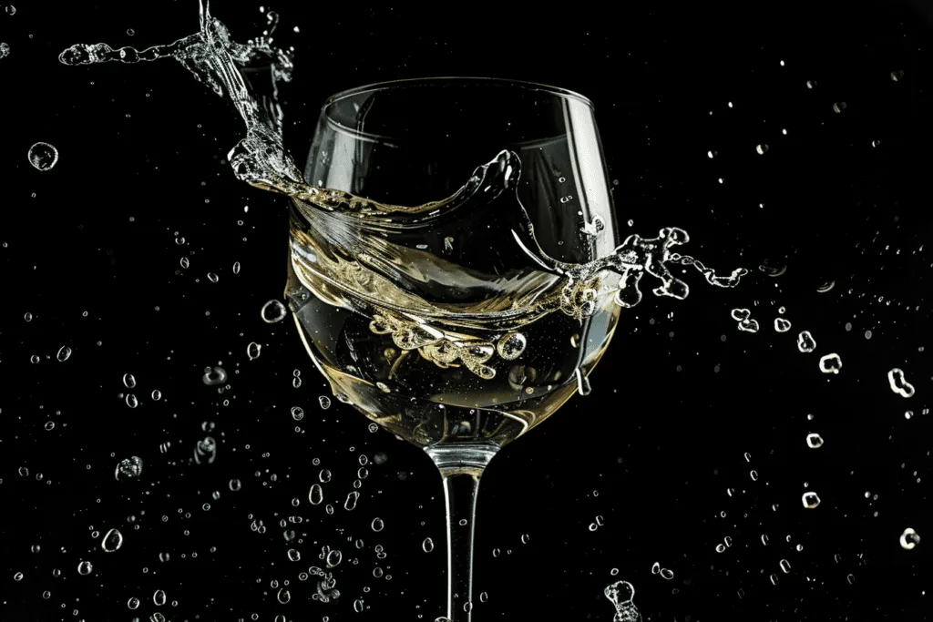A white wine glass is being splashed with water.