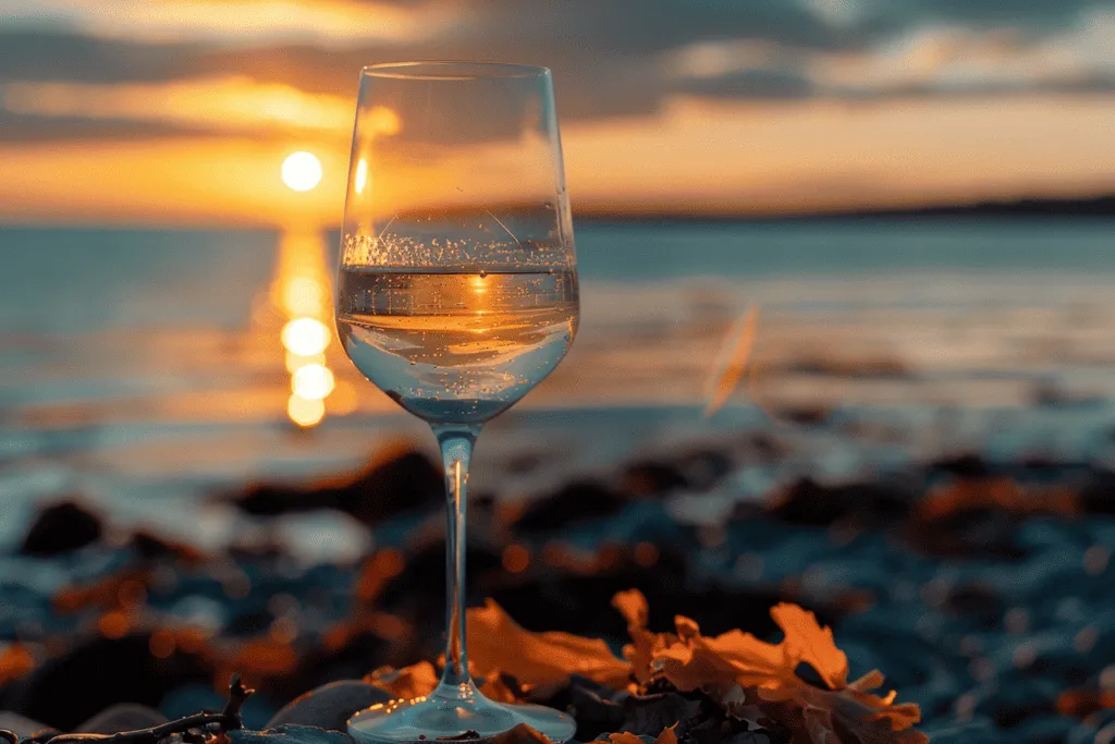 A glass of white wine on the beach at sunset.