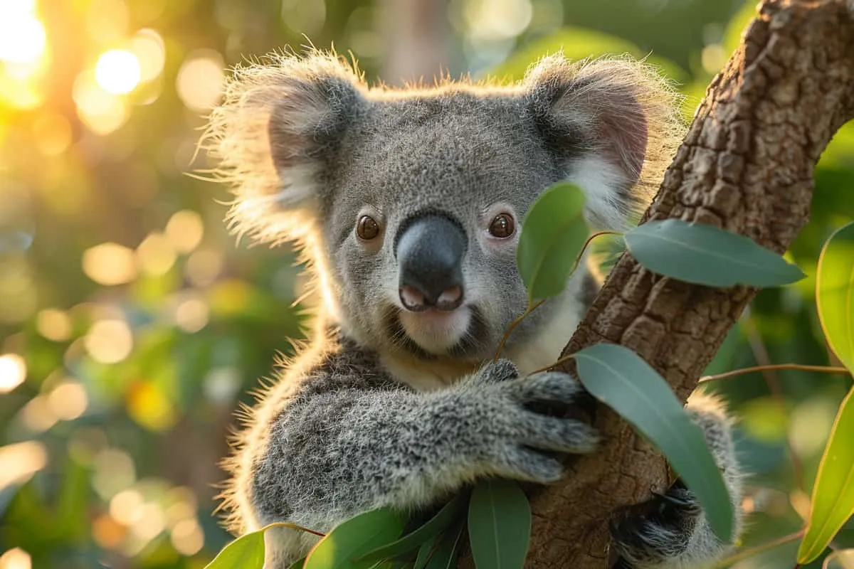 A koala bear is sitting in a tree.