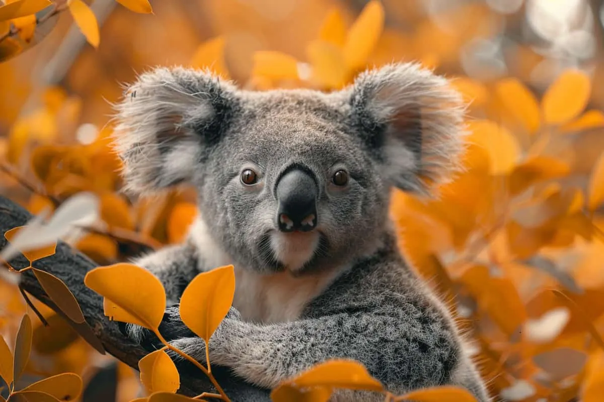 A koala is sitting in a tree with orange leaves.