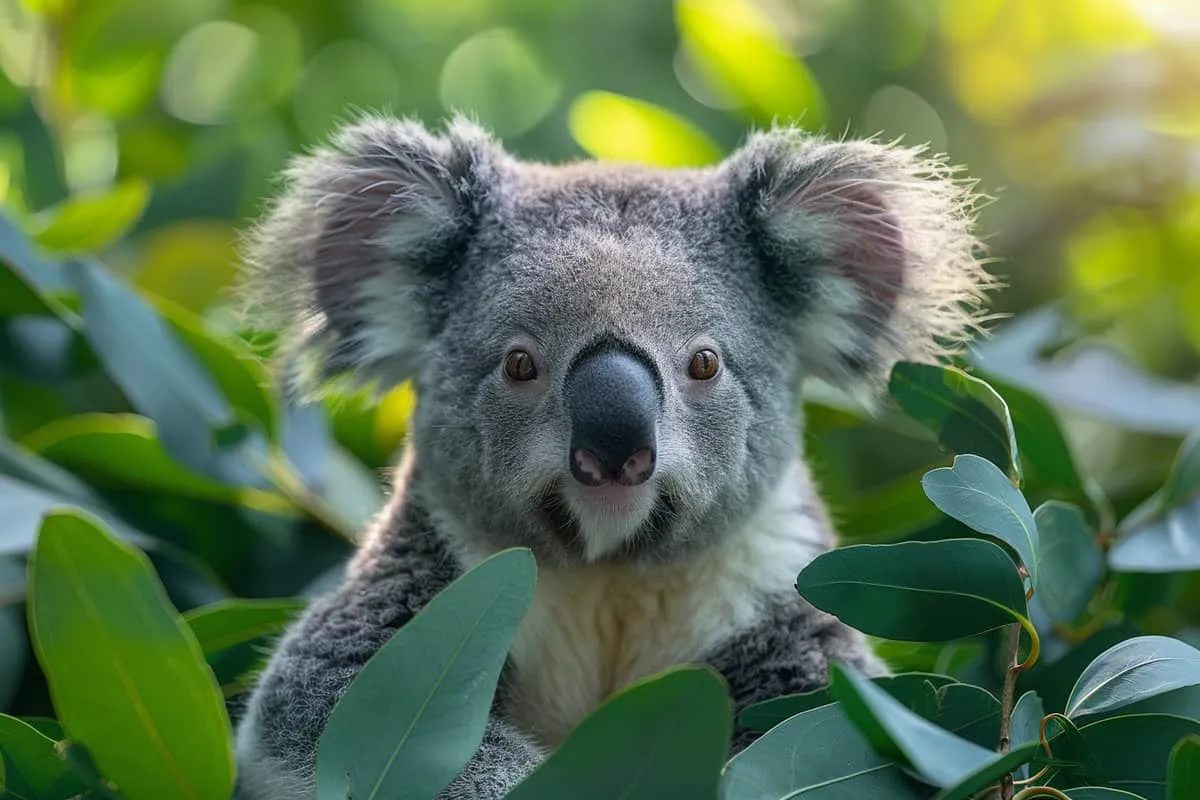 A koala is sitting in a tree with green leaves.