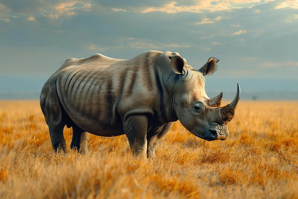 A rhino standing in a grassy field.