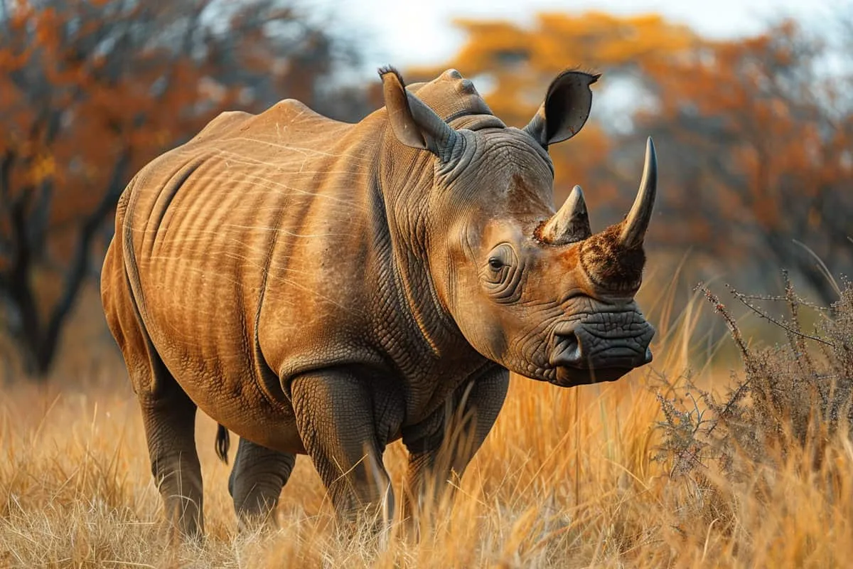 A rhino standing in a grassy field.