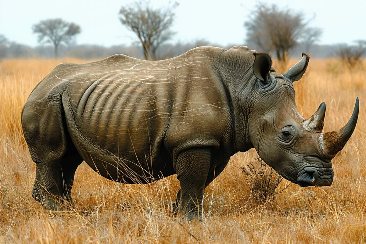 A rhino standing in a field.