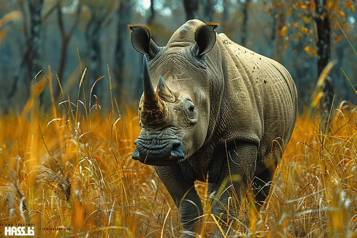A rhino walking through tall grass.
