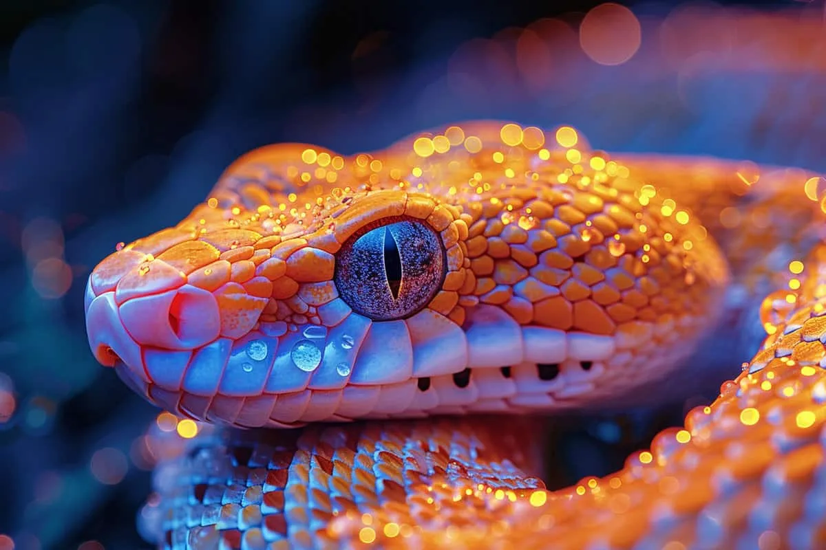 A close up of an orange snake with blue eyes.
