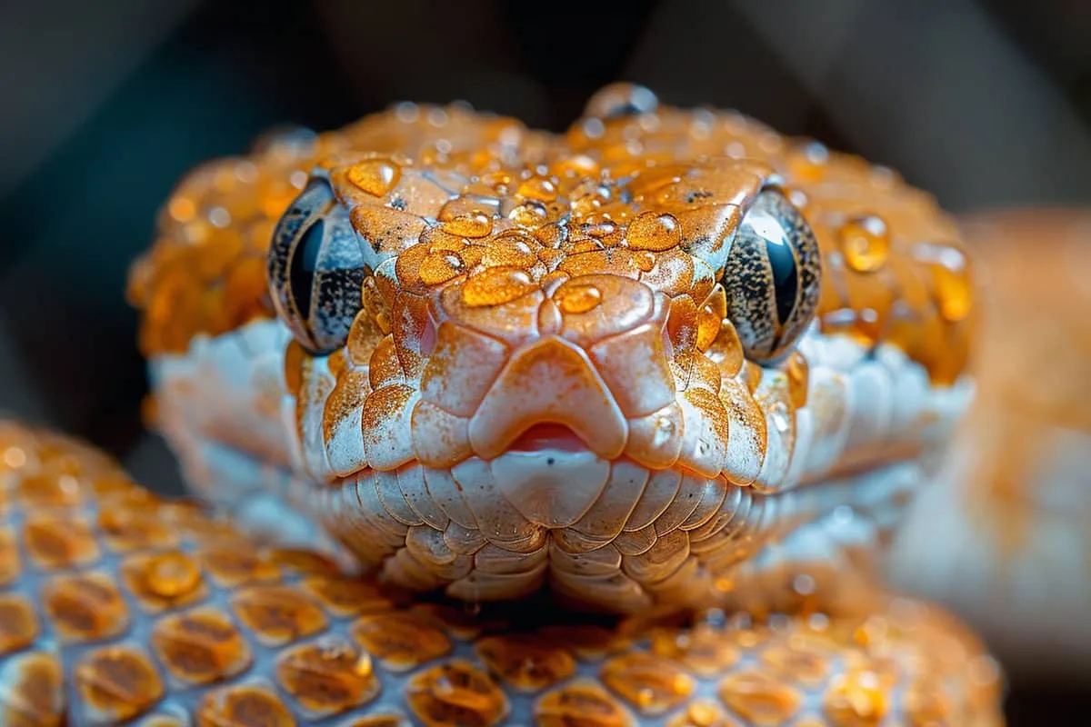 A close up of an orange snake with water droplets on its face.