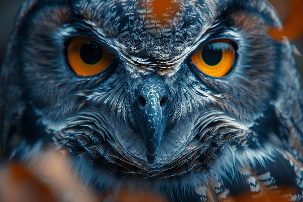 A close up of an owl with orange eyes.
