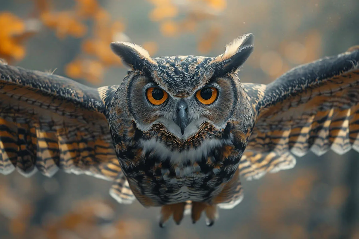 An owl is flying in the air with its eyes wide open.