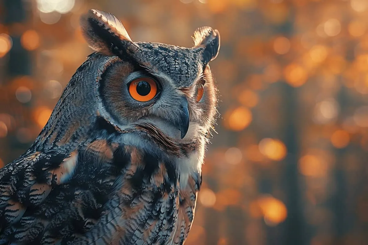 An owl is standing in front of a forest.