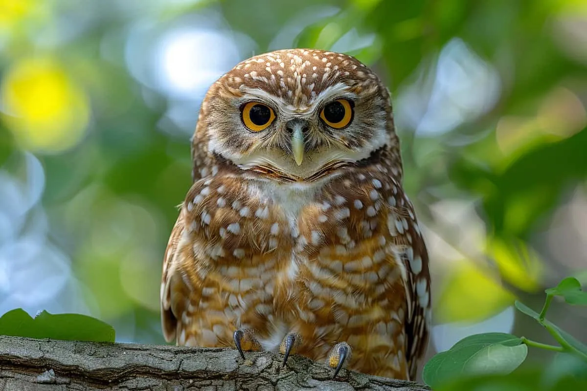 A brown owl perched on a tree branch.