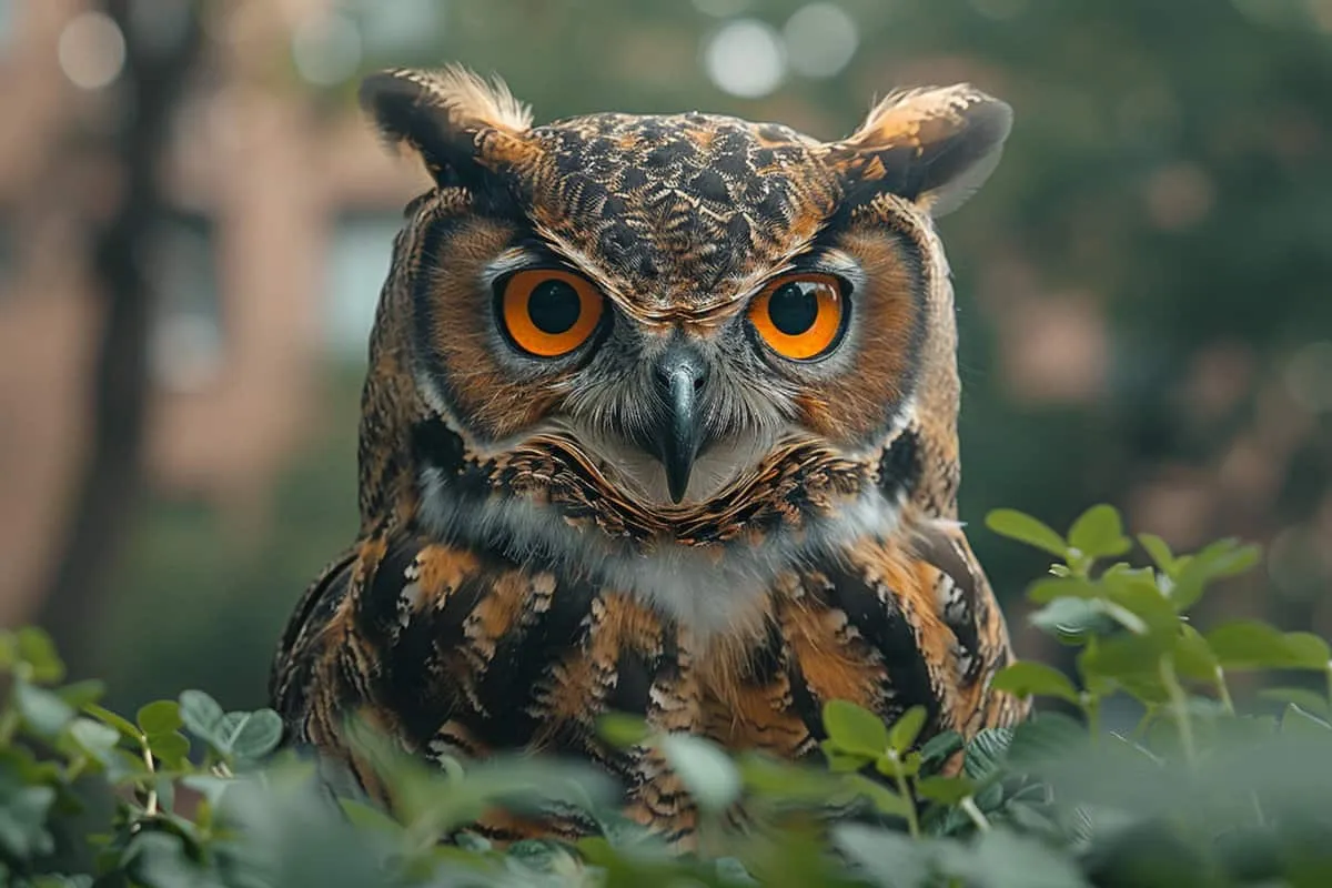 An owl with orange eyes is sitting in the grass.