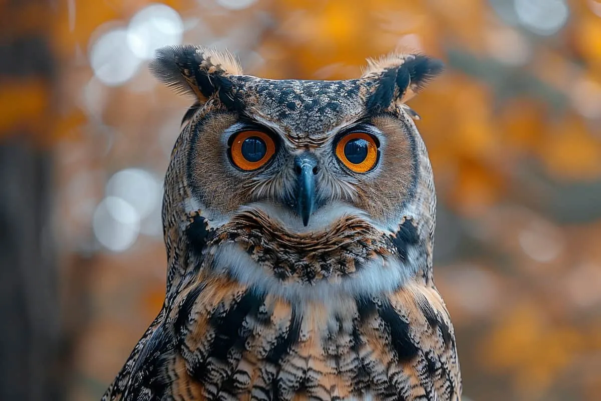 An owl is standing in front of some trees.