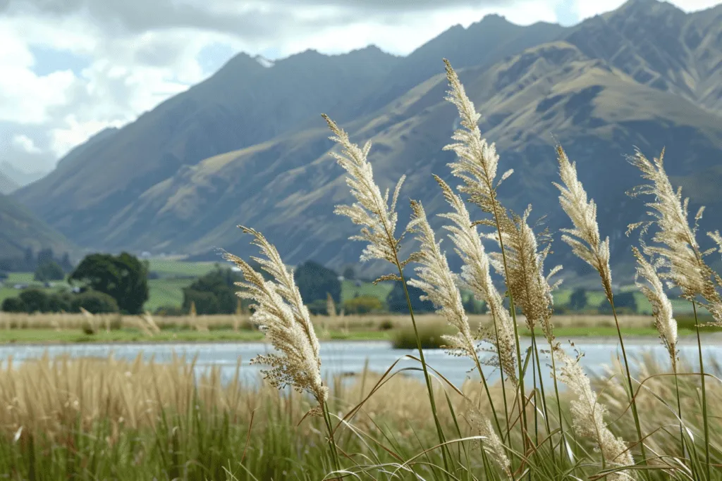 A grassy field with mountains in the background.