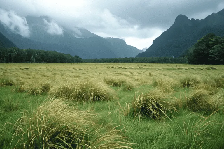 A grassy field with mountains in the background.