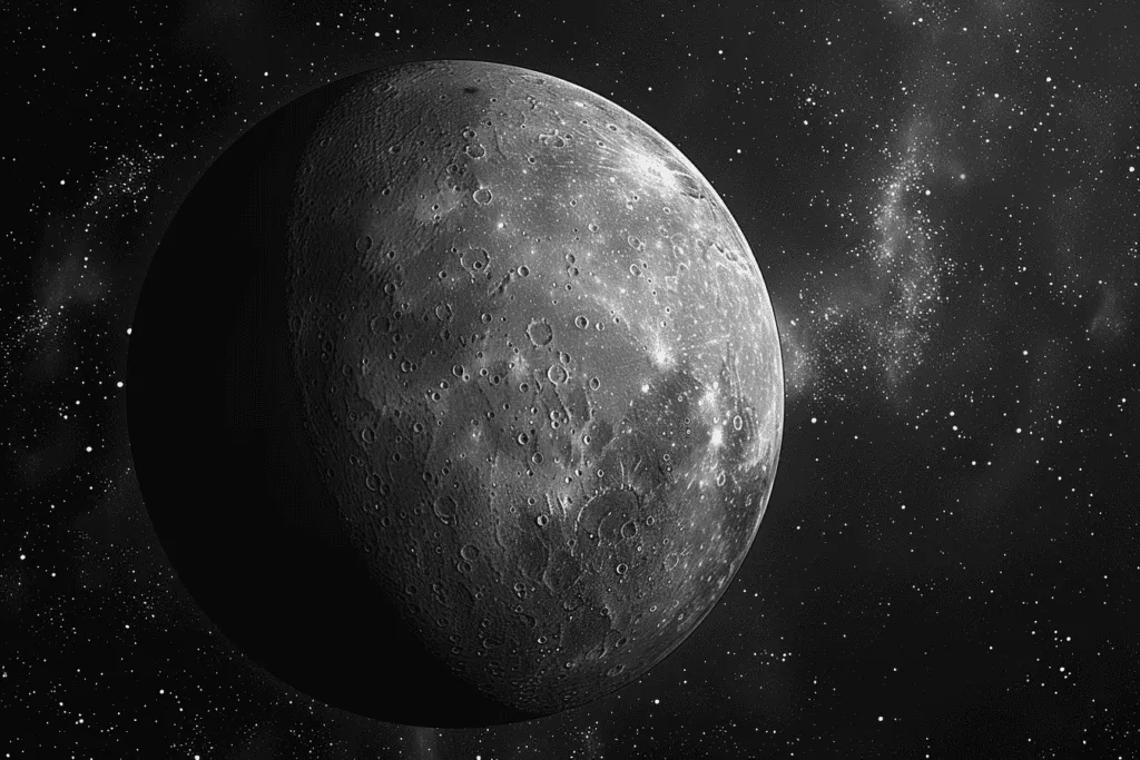 A black and white image of a moon in space.