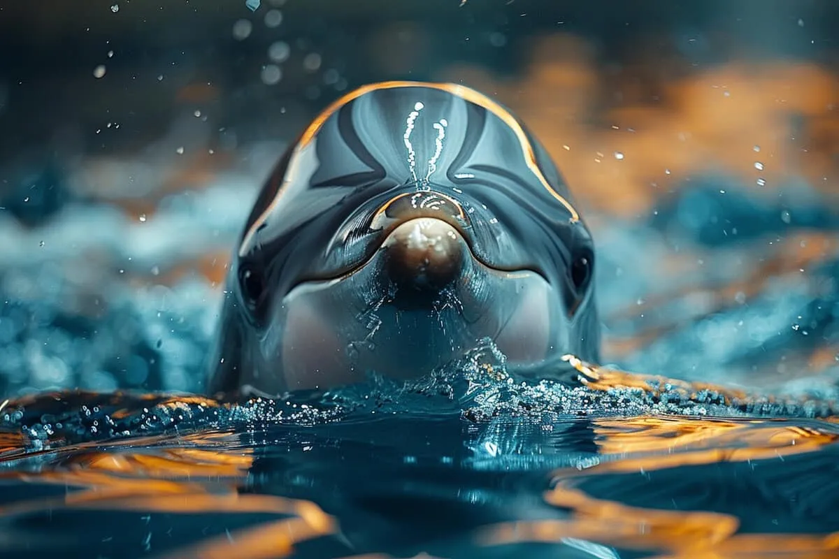 A close up of a dolphin swimming in the water.