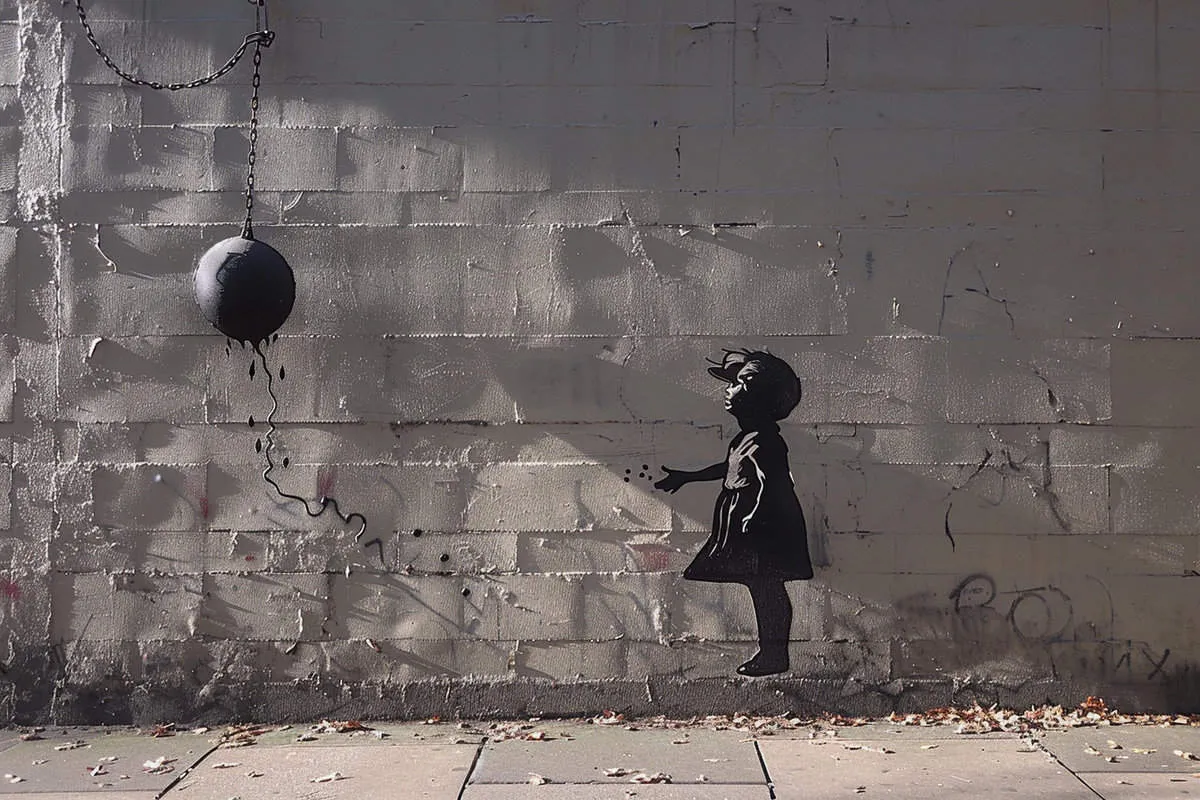 A painting of a girl holding a balloon.