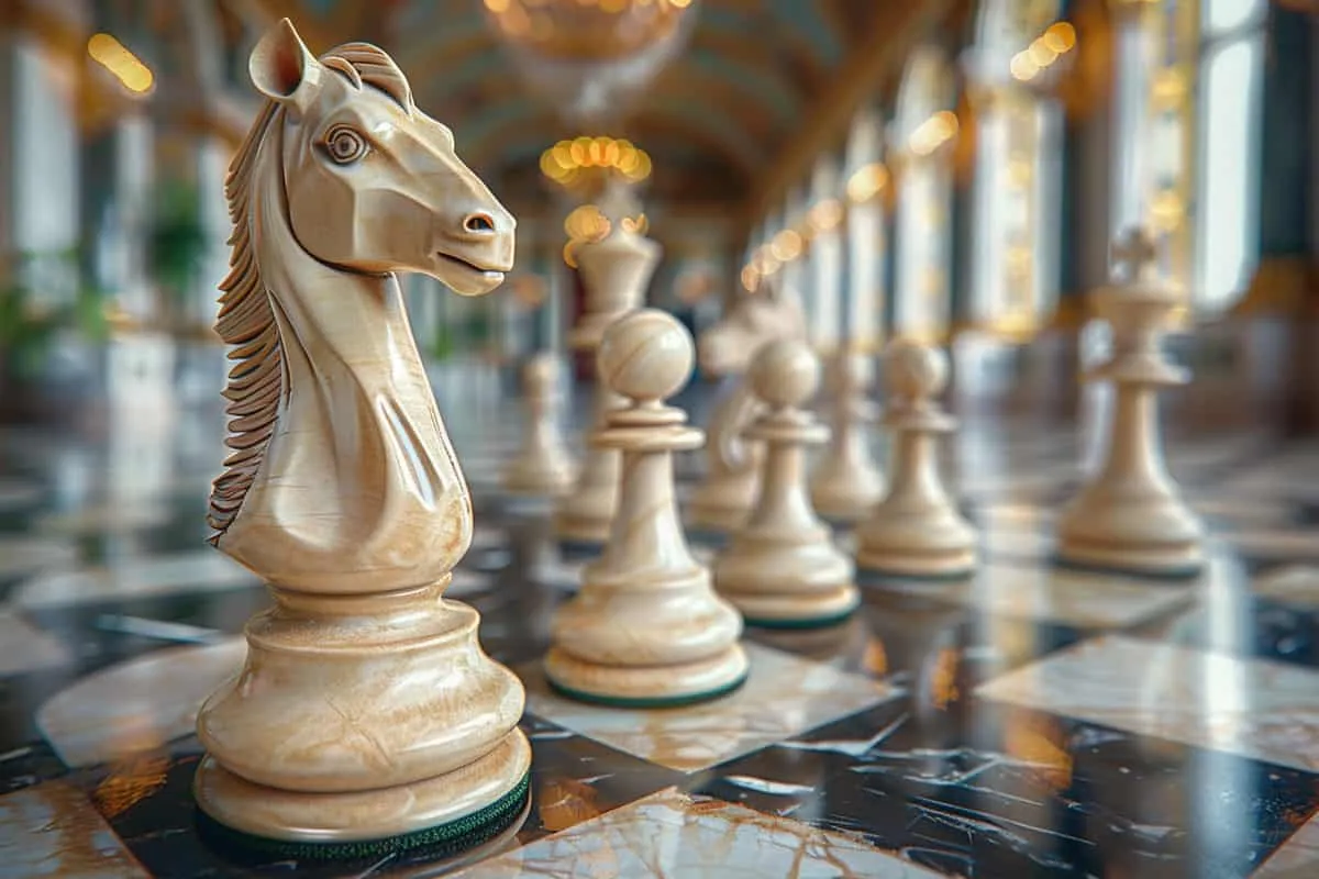 Chess pieces on a marble floor.