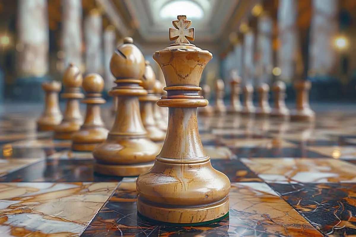 Chess pieces on a marble floor.