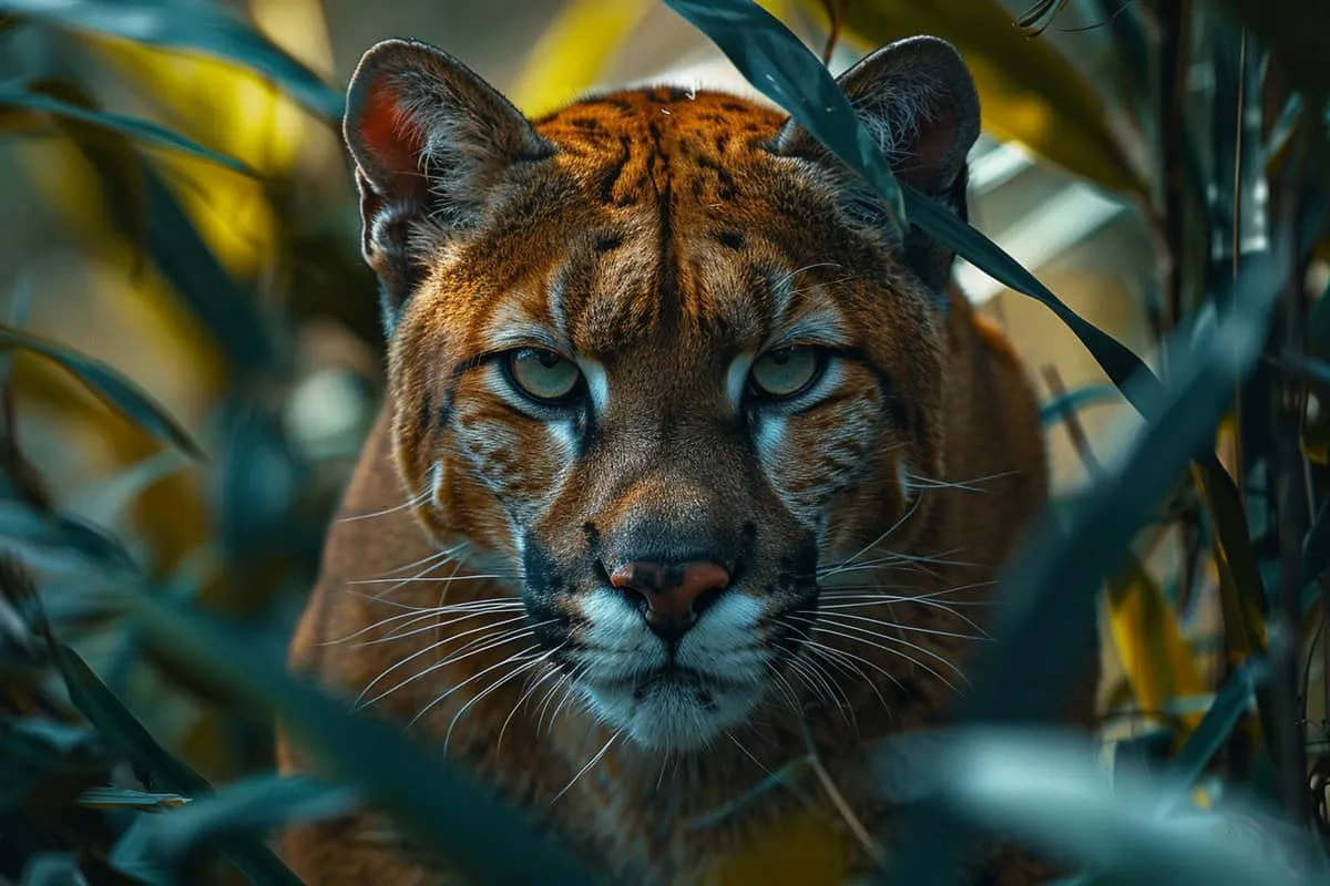 A cougar is hiding in the tall grass.